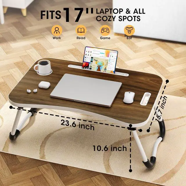 Alt view image 2 of 7 - Folding Lap Desk, 23.6 Inch Wood Laptop Bed Desk with Cup Holder, Portable Bed Table for Working Writing Reading, Eating for Bed, Floor, Sofa, Couch - Brown