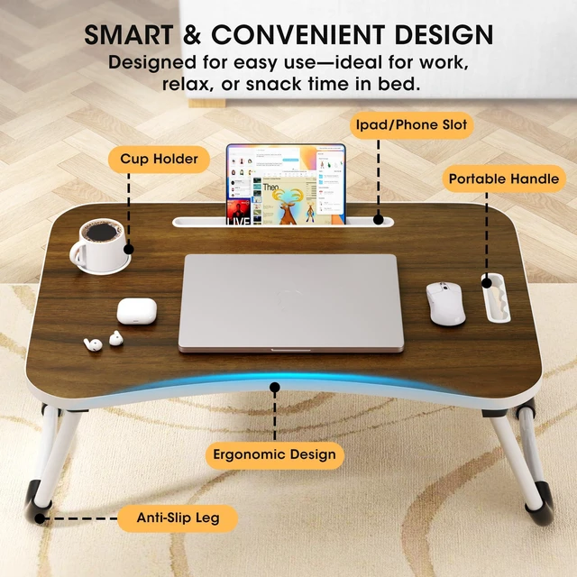 Alt view image 3 of 7 - Folding Lap Desk, 23.6 Inch Wood Laptop Bed Desk with Cup Holder, Portable Bed Table for Working Writing Reading, Eating for Bed, Floor, Sofa, Couch - Brown