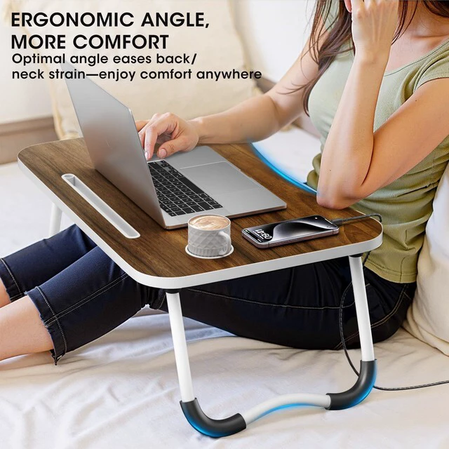 Alt view image 4 of 7 - Folding Lap Desk, 23.6 Inch Wood Laptop Bed Desk with Cup Holder, Portable Bed Table for Working Writing Reading, Eating for Bed, Floor, Sofa, Couch - Brown