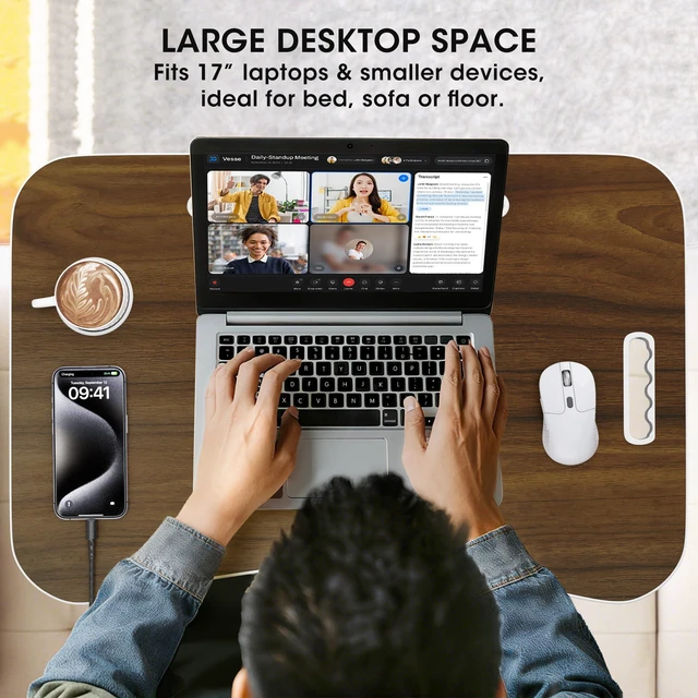 Alt view image 5 of 7 - Folding Lap Desk, 23.6 Inch Wood Laptop Bed Desk with Cup Holder, Portable Bed Table for Working Writing Reading, Eating for Bed, Floor, Sofa, Couch - Brown