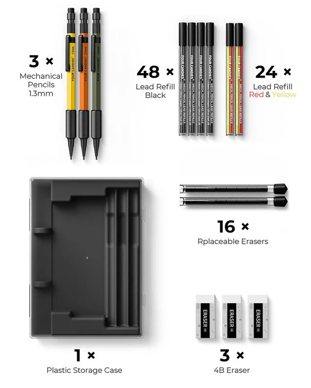 Alt view image 6 of 7 - 1.3mm Metal Mechanical Pencil Set with 72 Lead Refills, 3-Pack Heavy Duty Weatherproof Body, 3 Eraser, 16 Eraser Refills, Storage case for Outdoor Woodworking Drafting Marking