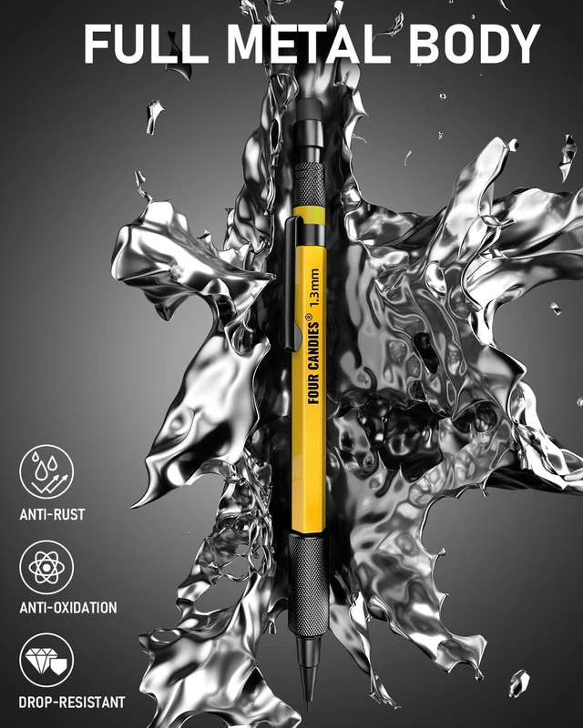 Alt view image 3 of 7 - 3PCS 1.3mm Metal Mechanical Pencil Set with Case (Yellow) 72 Refills (Red,Black,Yellow), 3 Erasers, 16 Eraser Refills, Weatherproof Body for Construction Outdoor Woodworking Marking