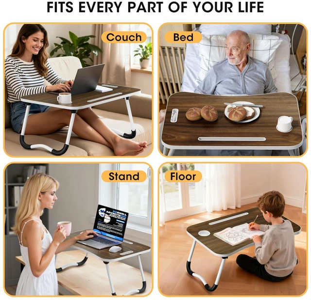 Alt view image 7 of 7 - Folding Lap Desk, 23.6 Inch Wood Laptop Bed Desk with Cup Holder, Portable Bed Table for Working Writing Reading, Eating for Bed, Floor, Sofa, Couch - Brown