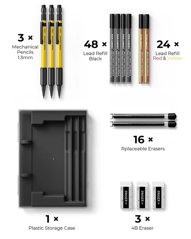 Alt view image 6 of 7 - 3PCS 1.3mm Metal Mechanical Pencil Set with Case (Yellow) 72 Refills (Red,Black,Yellow), 3 Erasers, 16 Eraser Refills, Weatherproof Body for Construction Outdoor Woodworking Marking