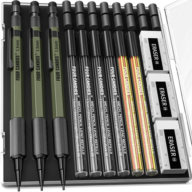 Main image of 1.3mm Metal Mechanical Pencil Set with 72 Lead Refills, 3-Pack Weatherproof Body, Heavy Duty, 3 Erasers, 16 Eraser Refills, Storage Case for Outdoor Construction Woodworking Marking