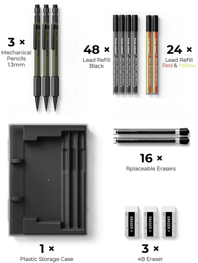 Alt view image 7 of 7 - 1.3mm Metal Mechanical Pencil Set with 72 Lead Refills, 3-Pack Weatherproof Body, Heavy Duty, 3 Erasers, 16 Eraser Refills, Storage Case for Outdoor Construction Woodworking Marking