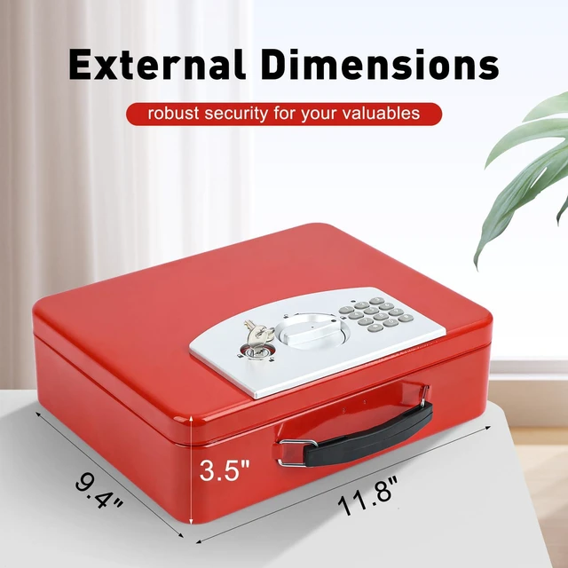 Alt view image 2 of 7 - Red Safe Box with Digital Keypad Lock, Lock Box with Code for Personal Items, Metal Security Box for Cash, Passport, Jewelry, Ideal for Home, Office, Garage Sale, 11.8'' x 9.4'' x 3.5''