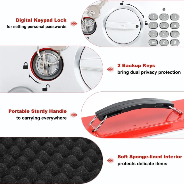 Alt view image 4 of 7 - Red Safe Box with Digital Keypad Lock, Lock Box with Code for Personal Items, Metal Security Box for Cash, Passport, Jewelry, Ideal for Home, Office, Garage Sale, 11.8'' x 9.4'' x 3.5''