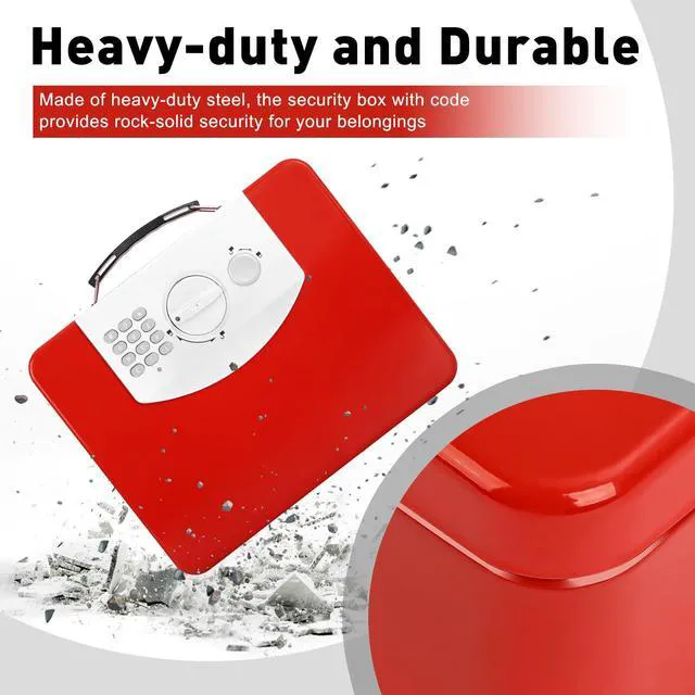 Alt view image 6 of 7 - Red Safe Box with Digital Keypad Lock, Lock Box with Code for Personal Items, Metal Security Box for Cash, Passport, Jewelry, Ideal for Home, Office, Garage Sale, 11.8'' x 9.4'' x 3.5''