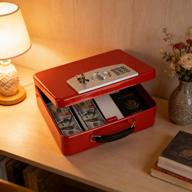 Alt view image 7 of 7 - Red Safe Box with Digital Keypad Lock, Lock Box with Code for Personal Items, Metal Security Box for Cash, Passport, Jewelry, Ideal for Home, Office, Garage Sale, 11.8'' x 9.4'' x 3.5''