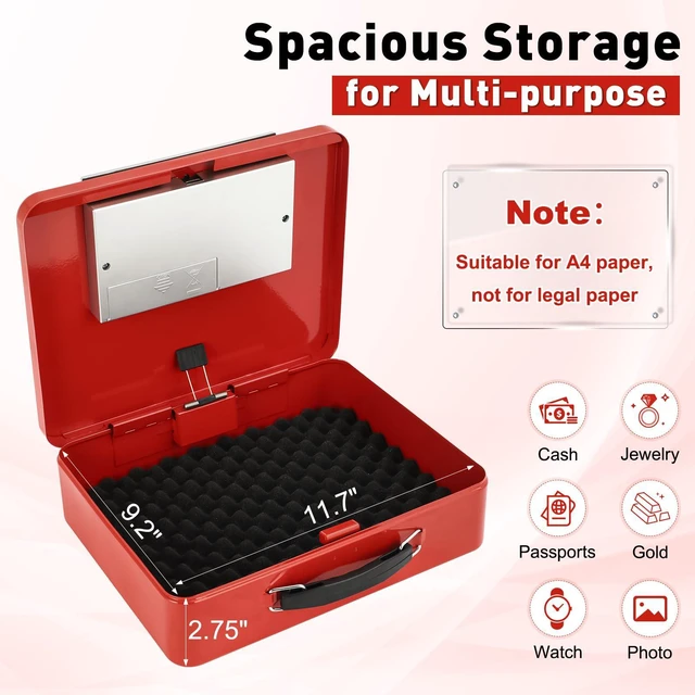 Alt view image 3 of 7 - Red Safe Box with Digital Keypad Lock, Lock Box with Code for Personal Items, Metal Security Box for Cash, Passport, Jewelry, Ideal for Home, Office, Garage Sale, 11.8'' x 9.4'' x 3.5''
