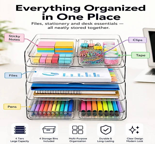 Alt view image 2 of 6 - 4 Tier Desk Organizer, Clear Paper Tray with 4 Storage Bins Stackable Letter Tray | Modular Storage System | Office, Home & School | Large Capacity