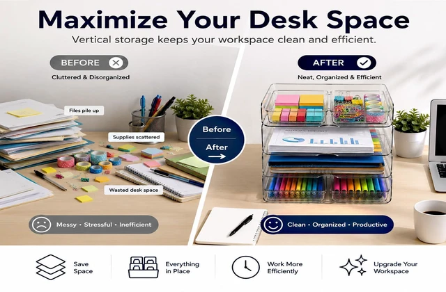 Alt view image 3 of 6 - 4 Tier Desk Organizer, Clear Paper Tray with 4 Storage Bins Stackable Letter Tray | Modular Storage System | Office, Home & School | Large Capacity