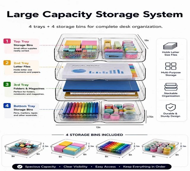 Alt view image 4 of 6 - 4 Tier Desk Organizer, Clear Paper Tray with 4 Storage Bins Stackable Letter Tray | Modular Storage System | Office, Home & School | Large Capacity