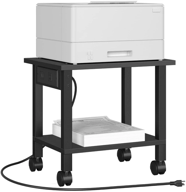 Main image of Printer Stand, 2 Tier Rolling Printer Cart with Charging Station Small Under Desk Printer Table with Wheels for Small Space, Office, Home, Black PS01BK001
