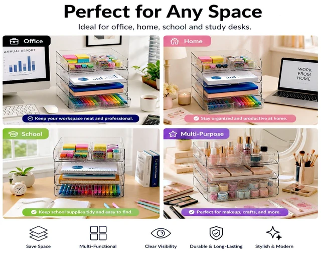 Alt view image 6 of 6 - 4 Tier Desk Organizer, Clear Paper Tray with 4 Storage Bins Stackable Letter Tray | Modular Storage System | Office, Home & School | Large Capacity