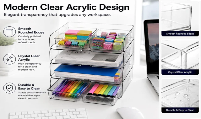 Alt view image 5 of 6 - 4 Tier Desk Organizer, Clear Paper Tray with 4 Storage Bins Stackable Letter Tray | Modular Storage System | Office, Home & School | Large Capacity