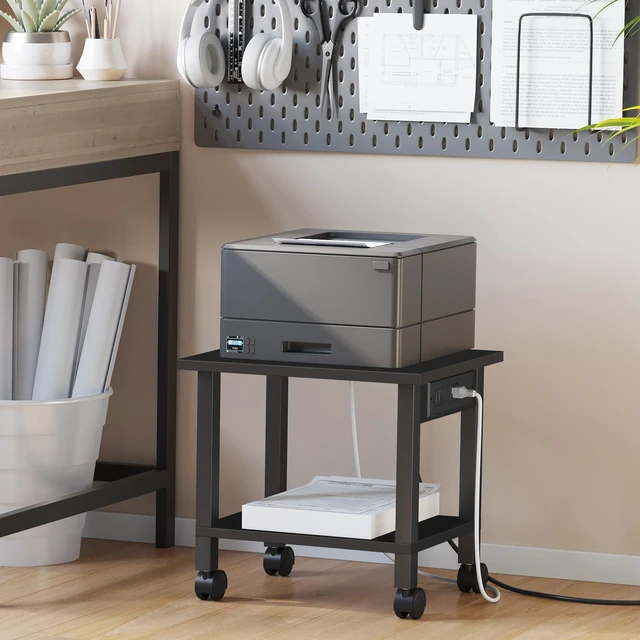 Alt view image 2 of 7 - Printer Stand, 2 Tier Rolling Printer Cart with Charging Station Small Under Desk Printer Table with Wheels for Small Space, Office, Home, Black PS01BK001