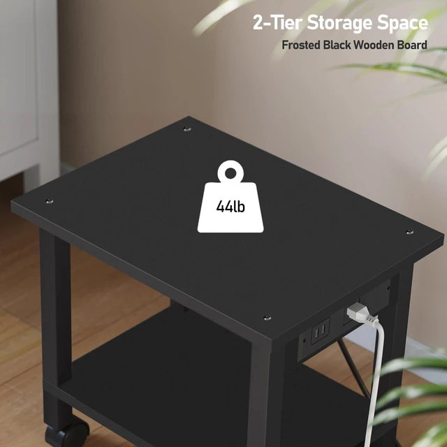Alt view image 6 of 7 - Printer Stand, 2 Tier Rolling Printer Cart with Charging Station Small Under Desk Printer Table with Wheels for Small Space, Office, Home, Black PS01BK001