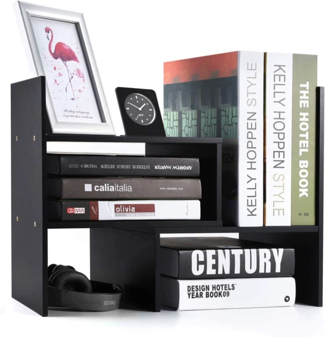 Alt view image 4 of 6 - Desktop Bookshelf Desk Storage Organizer Adjustable Wood Desktop Display Shelf Rack Counter Office Storage Rack Top Bookcase - Free Style Display Natural Stand Office Supplies Desk Organizer