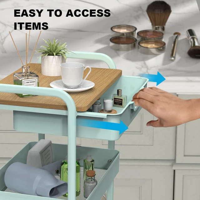 Alt view image 2 of 7 - 3 Tier Rolling Cart, Utility Cart with Drawer& Table Top, Mint Green Metal Rolling Kitchen Storage Organizer Cart with Locking Wheels for Bathroom, Office, Balcony, Living Room, Classroom