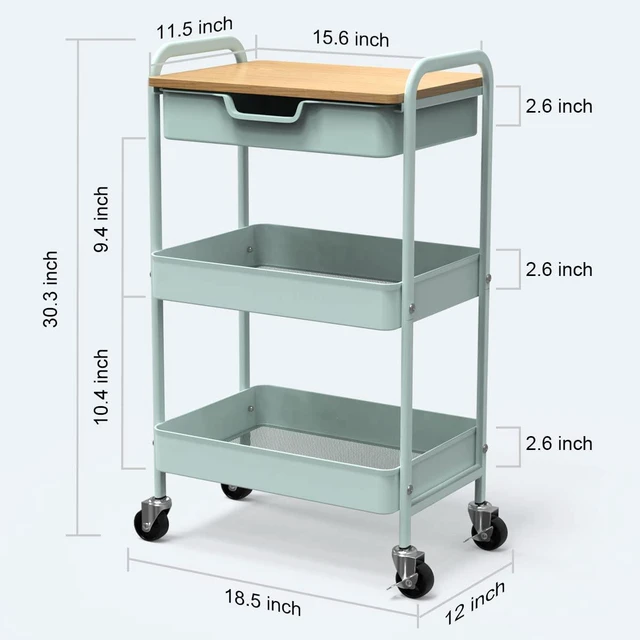Alt view image 3 of 7 - 3 Tier Rolling Cart, Utility Cart with Drawer& Table Top, Mint Green Metal Rolling Kitchen Storage Organizer Cart with Locking Wheels for Bathroom, Office, Balcony, Living Room, Classroom