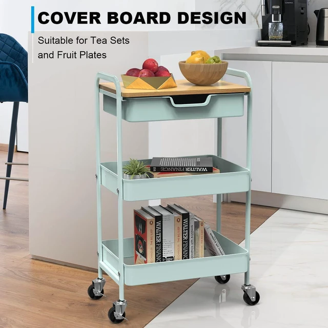 Alt view image 4 of 7 - 3 Tier Rolling Cart, Utility Cart with Drawer& Table Top, Mint Green Metal Rolling Kitchen Storage Organizer Cart with Locking Wheels for Bathroom, Office, Balcony, Living Room, Classroom