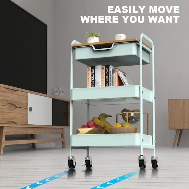Alt view image 5 of 7 - 3 Tier Rolling Cart, Utility Cart with Drawer& Table Top, Mint Green Metal Rolling Kitchen Storage Organizer Cart with Locking Wheels for Bathroom, Office, Balcony, Living Room, Classroom