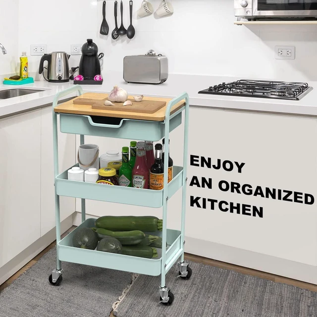 Alt view image 6 of 7 - 3 Tier Rolling Cart, Utility Cart with Drawer& Table Top, Mint Green Metal Rolling Kitchen Storage Organizer Cart with Locking Wheels for Bathroom, Office, Balcony, Living Room, Classroom