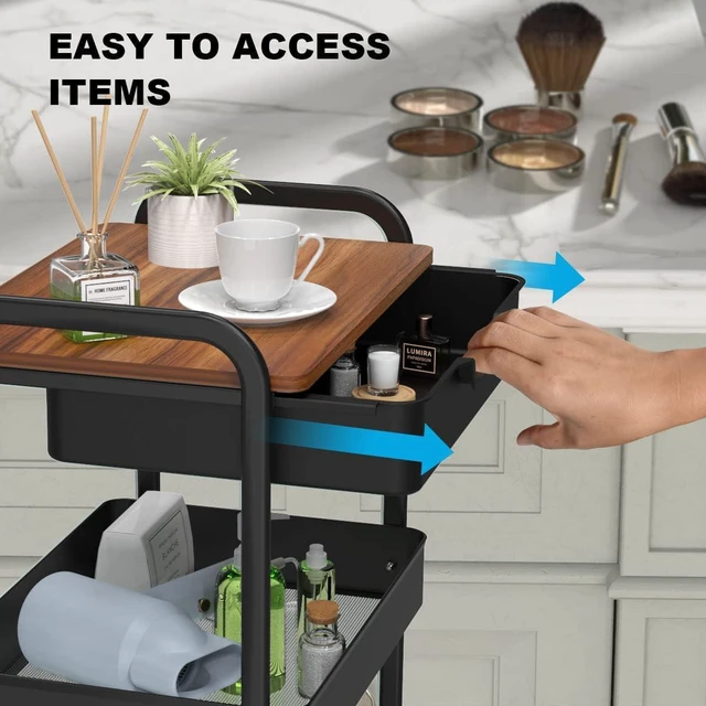 Alt view image 2 of 7 - 3 Tier Rolling Cart with Drawer, Metal Utility Cart with Table Top Storage Cart with Locking Wheels, Kitchen Cart Art Cart Organizer for Bathroom, Office, Balcony, Living Room, Classroom