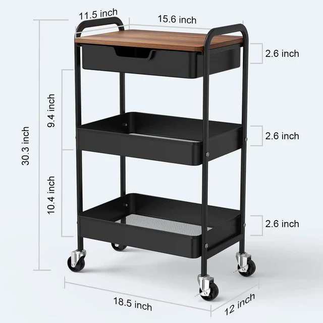 Alt view image 3 of 7 - 3 Tier Rolling Cart with Drawer, Metal Utility Cart with Table Top Storage Cart with Locking Wheels, Kitchen Cart Art Cart Organizer for Bathroom, Office, Balcony, Living Room, Classroom
