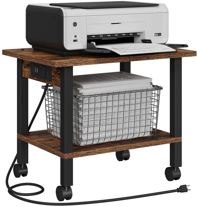 Main image of Printer Stand, 2 Tier Rolling Printer Cart with Charging Station Small Under Desk Printer Table with Wheels for Small Space, Office, Home, Brown PS01BB001P