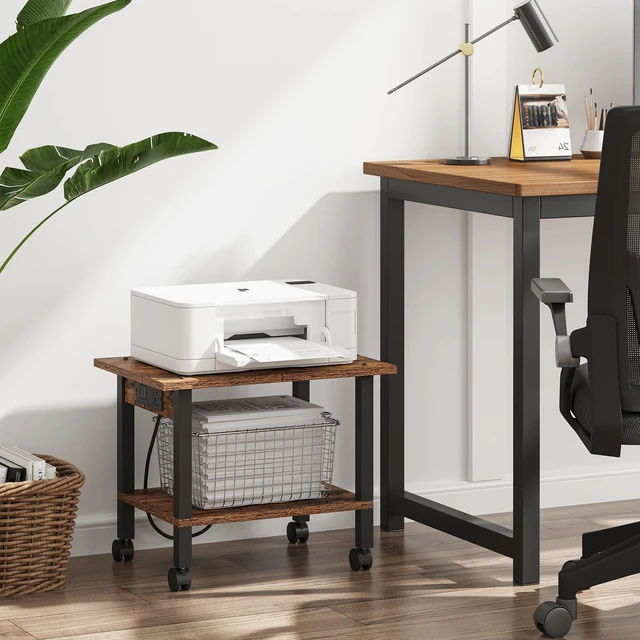 Alt view image 2 of 7 - Printer Stand, 2 Tier Rolling Printer Cart with Charging Station Small Under Desk Printer Table with Wheels for Small Space, Office, Home, Brown PS01BB001P