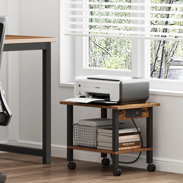 Alt view image 4 of 7 - Printer Stand, 2 Tier Rolling Printer Cart with Charging Station Small Under Desk Printer Table with Wheels for Small Space, Office, Home, Brown PS01BB001P