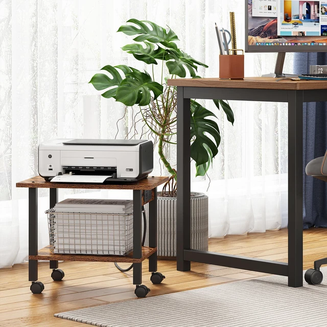 Alt view image 5 of 7 - Printer Stand, 2 Tier Rolling Printer Cart with Charging Station Small Under Desk Printer Table with Wheels for Small Space, Office, Home, Brown PS01BB001P