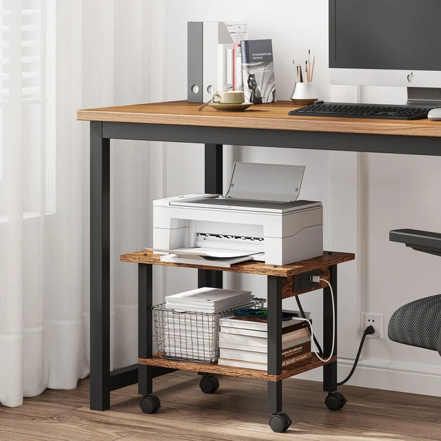 Alt view image 6 of 7 - Printer Stand, 2 Tier Rolling Printer Cart with Charging Station Small Under Desk Printer Table with Wheels for Small Space, Office, Home, Brown PS01BB001P