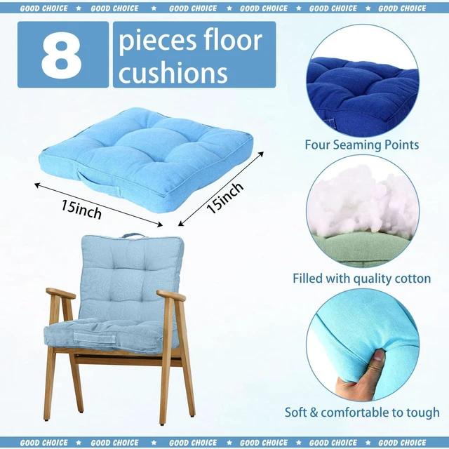 Alt view image 3 of 7 - 8 Pcs Floor Cushions for Classroom, Blue and Green Series, Square 15x15x2.4 Inch, Cotton Linen, Flexible Seating Pillows Bulk, Multiple Colors, for Kids Home School Kindergarten Nursery