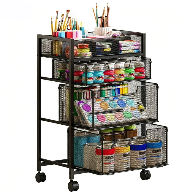 Main image of 4-Tier Rolling Utility Cart with 3 Drawers, Craft Organizer and Storage with DIY Divider, Art-Craft Supplies with Caster Wheels, Multi-Functional Storage For Classroom, Office, Paints, Artifacts