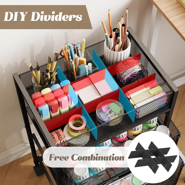 Alt view image 3 of 7 - 4-Tier Rolling Utility Cart with 3 Drawers, Craft Organizer and Storage with DIY Divider, Art-Craft Supplies with Caster Wheels, Multi-Functional Storage For Classroom, Office, Paints, Artifacts