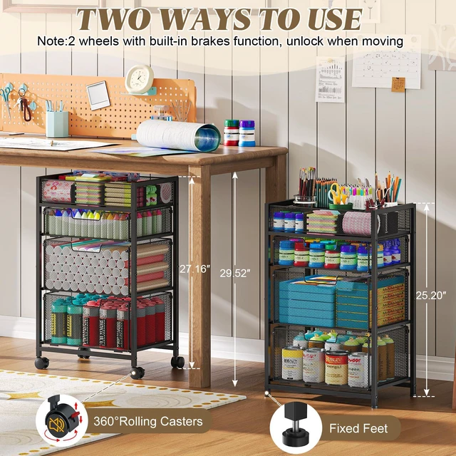 Alt view image 2 of 7 - 4-Tier Rolling Utility Cart with 3 Drawers, Craft Organizer and Storage with DIY Divider, Art-Craft Supplies with Caster Wheels, Multi-Functional Storage For Classroom, Office, Paints, Artifacts