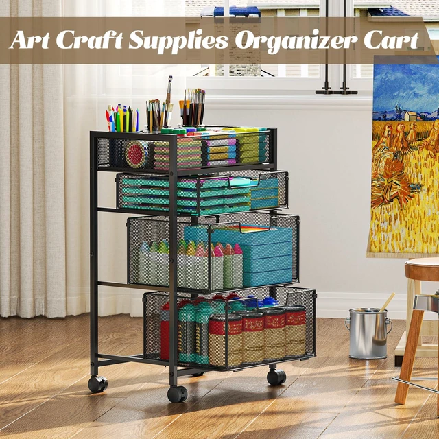 Alt view image 4 of 7 - 4-Tier Rolling Utility Cart with 3 Drawers, Craft Organizer and Storage with DIY Divider, Art-Craft Supplies with Caster Wheels, Multi-Functional Storage For Classroom, Office, Paints, Artifacts