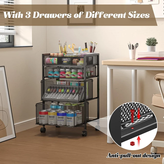 Alt view image 5 of 7 - 4-Tier Rolling Utility Cart with 3 Drawers, Craft Organizer and Storage with DIY Divider, Art-Craft Supplies with Caster Wheels, Multi-Functional Storage For Classroom, Office, Paints, Artifacts