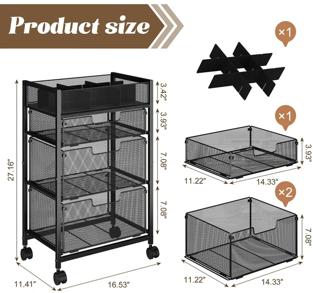 Alt view image 6 of 7 - 4-Tier Rolling Utility Cart with 3 Drawers, Craft Organizer and Storage with DIY Divider, Art-Craft Supplies with Caster Wheels, Multi-Functional Storage For Classroom, Office, Paints, Artifacts