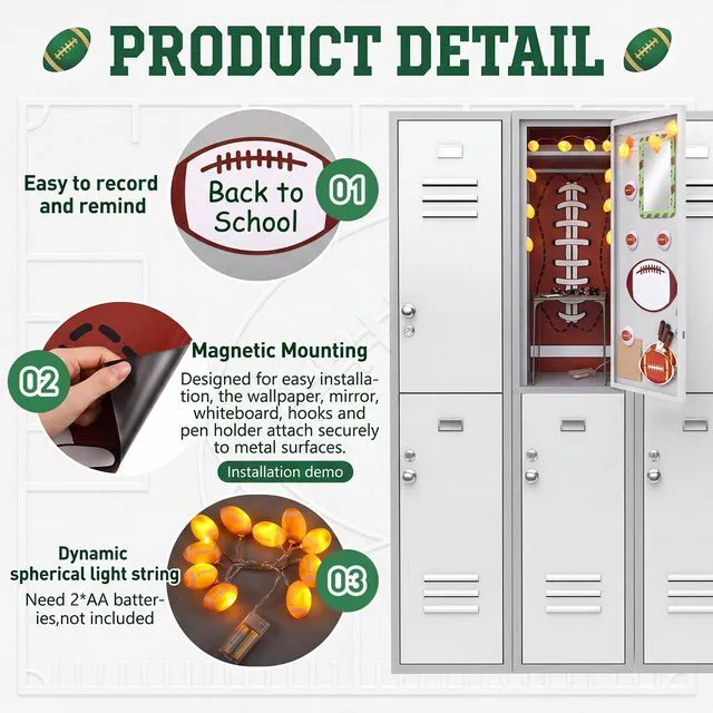 Alt view image 5 of 7 - 19 Pcs Locker Accessories, Football Locker Organizer Decoration with Shelf, Wallpaper, Mirror, Whiteboard, Pen Holder, Dry Erase Markers, Magnets, String Light, Hook, Lanyard Card Holder