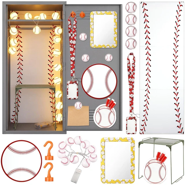 Main image of 19 Pcs Locker Accessories, Baseball Locker Organizer Decoration with Shelf, Wallpaper, Mirror, Whiteboard, Pen Holder, Dry Erase Markers, Magnets, String Light, Hook, Lanyard Card Holder