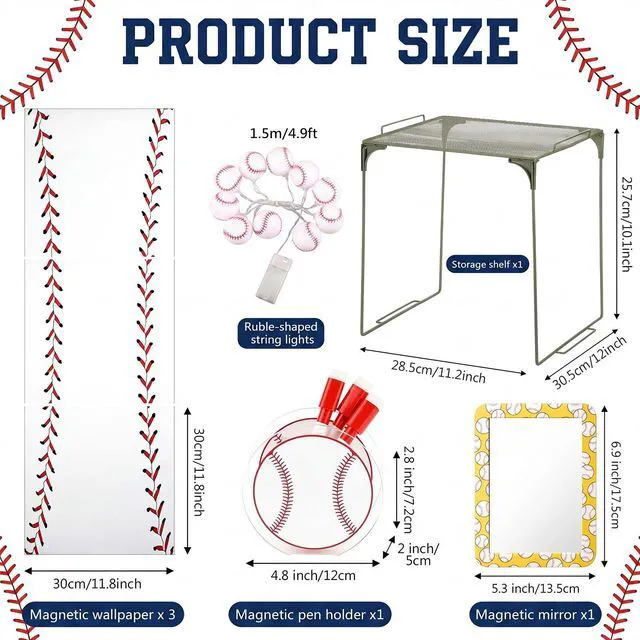 Alt view image 2 of 7 - 19 Pcs Locker Accessories, Baseball Locker Organizer Decoration with Shelf, Wallpaper, Mirror, Whiteboard, Pen Holder, Dry Erase Markers, Magnets, String Light, Hook, Lanyard Card Holder