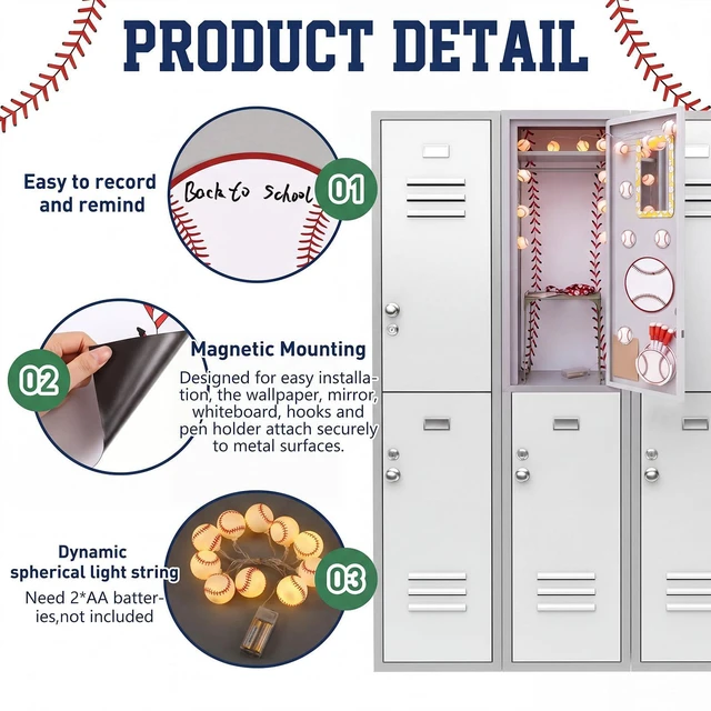 Alt view image 5 of 7 - 19 Pcs Locker Accessories, Baseball Locker Organizer Decoration with Shelf, Wallpaper, Mirror, Whiteboard, Pen Holder, Dry Erase Markers, Magnets, String Light, Hook, Lanyard Card Holder