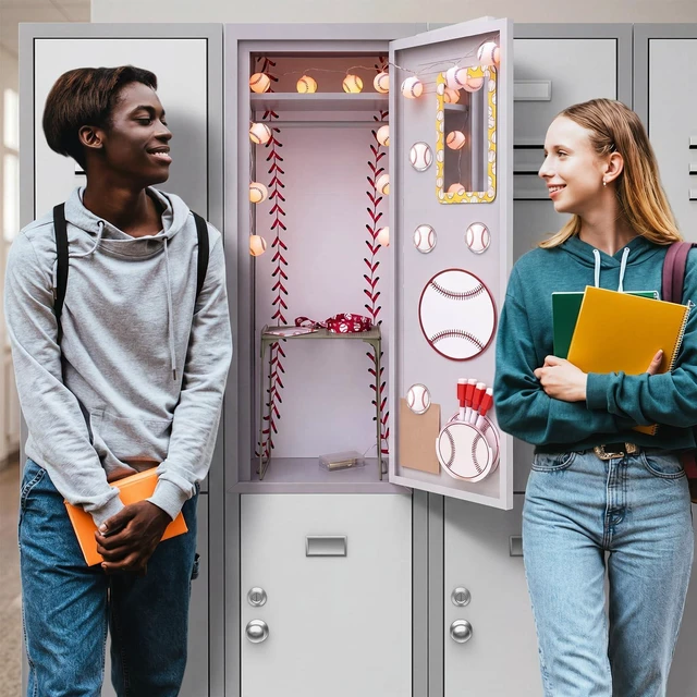 Alt view image 6 of 7 - 19 Pcs Locker Accessories, Baseball Locker Organizer Decoration with Shelf, Wallpaper, Mirror, Whiteboard, Pen Holder, Dry Erase Markers, Magnets, String Light, Hook, Lanyard Card Holder