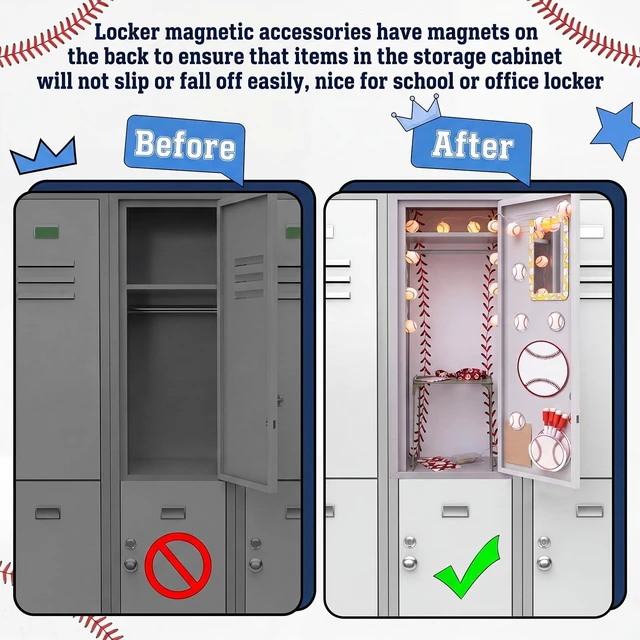 Alt view image 7 of 7 - 19 Pcs Locker Accessories, Baseball Locker Organizer Decoration with Shelf, Wallpaper, Mirror, Whiteboard, Pen Holder, Dry Erase Markers, Magnets, String Light, Hook, Lanyard Card Holder