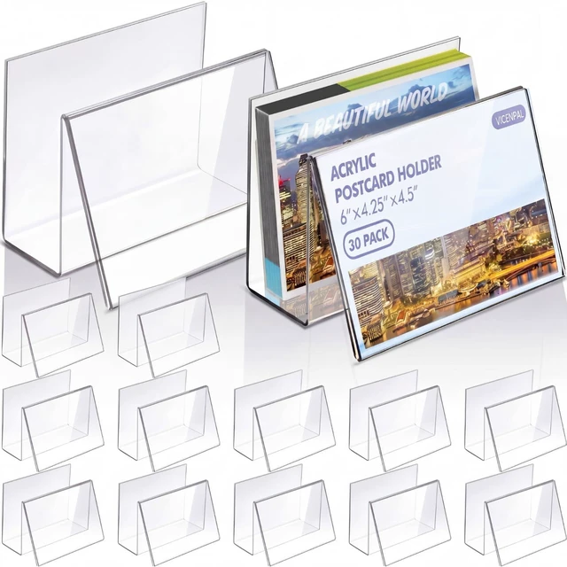 Main image of 30 Pcs Clear Acrylic Postcard Holder Stand, Office Home School Slanted Postcard Greeting Business Card Display Organizer, Desktop Stand for Countertop Office, 6 X 4.25 X 4.5 in